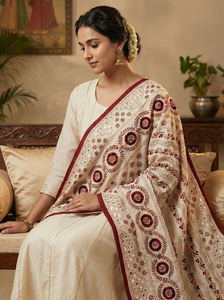 Handcrafted Charm: Cream Tussar Silk Dupatta with Maroon Kantha Work & Sequins