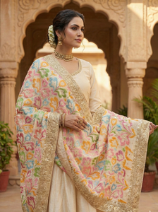 Cream Chinon Silk Dupatta with Multicolor Ikat-Style Embroidery & Zari Border