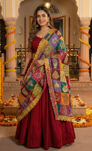 Multicolor Chinon Silk Patchwork Dupatta with Heavy Sequin & Zari Embroidery