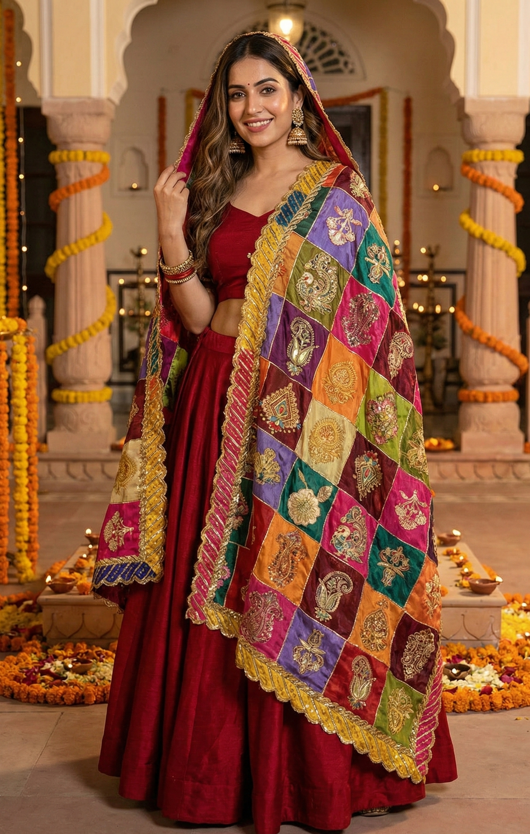 Multicolor Chinon Silk Patchwork Dupatta with Heavy Sequin & Zari Embroidery