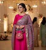 The Festive Fusion Combo: Aqua Mint Dupatta with Magenta Pink Threadwork, Gold Sequin Border & Matching Potli Bag