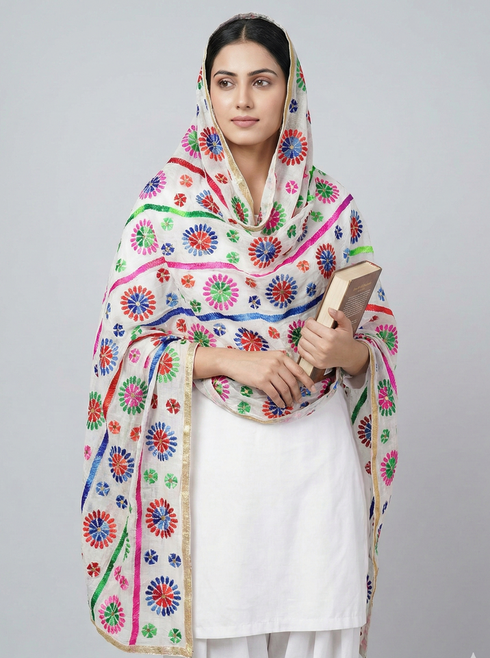 The 'Rang' Edit: Vibrant Floral Threadwork Dupatta with Gold Detailing