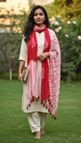 Handcrafted Red & Ivory Shibori Cotton Stole with Tassel Finish
