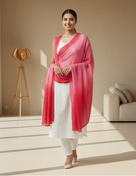 Red & Pink Ombre Crushed Georgette Dupatta (Dual Tone Pleated)