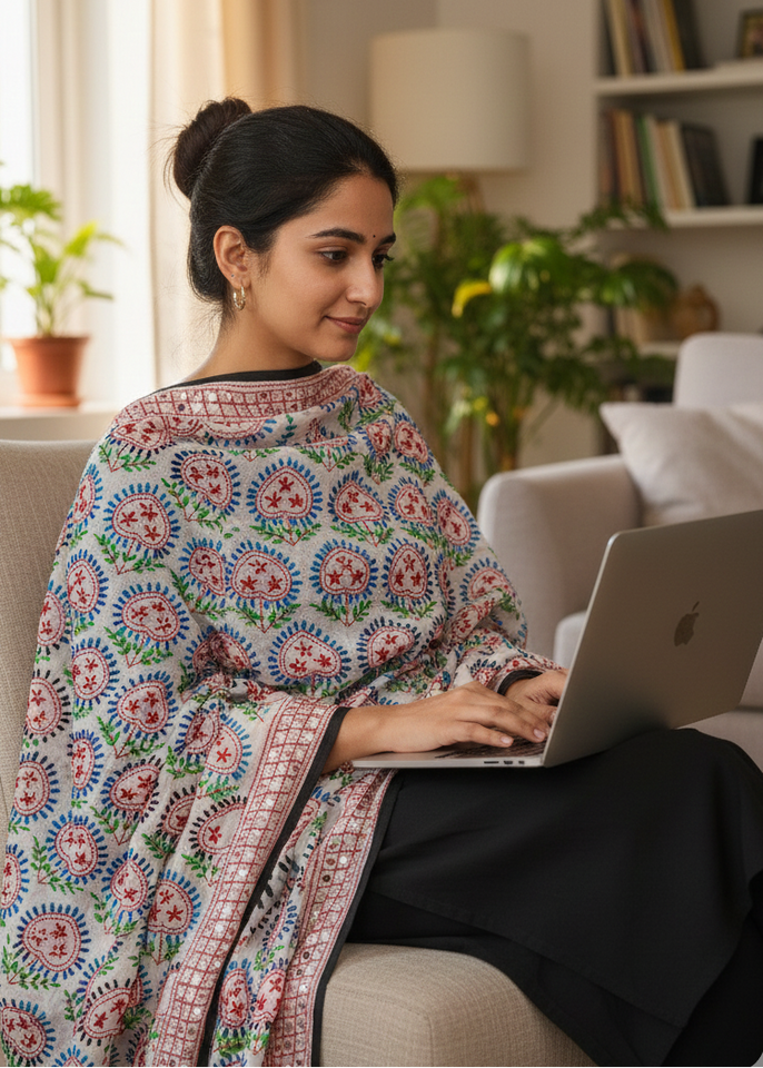 Ivory Phulkari-Inspired Embroidered Dupatta with Mirror Accents