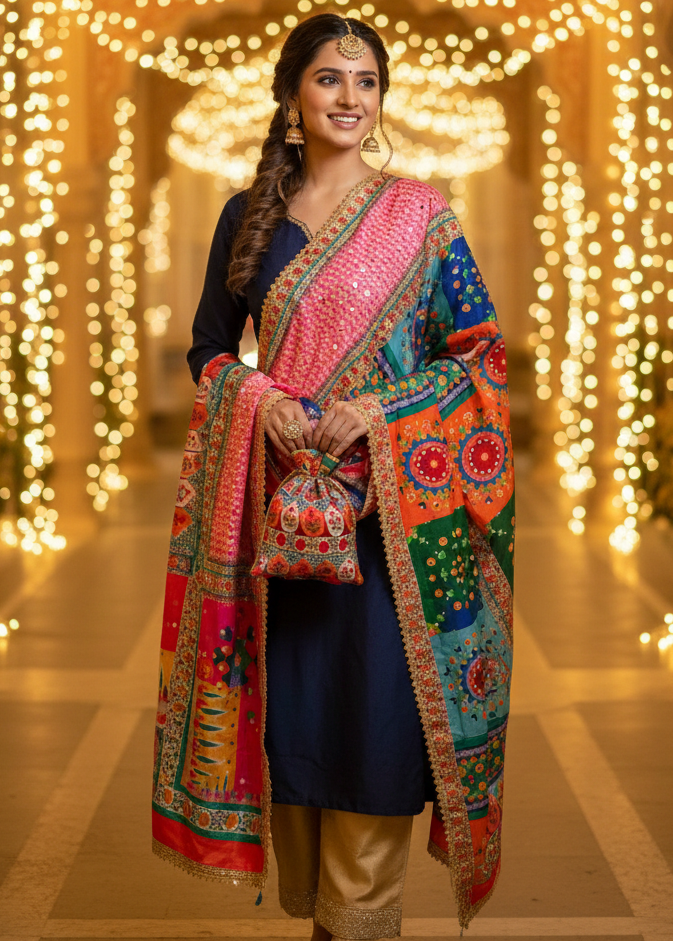Festive Mosaic Print Dupatta with Mirror Work