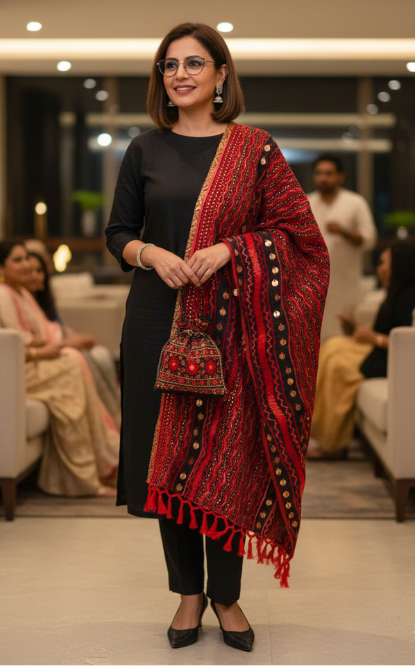 Premium Red & Black Dupatta with Intricate Thread work & Golden Sequins