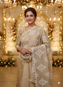 Soft Beige Geometric Pattern Dupatta with Cotton Thread Work