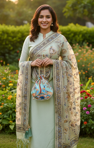 The Mint Melody Combo: Brasso Floral Dupatta with Gold Jacquard Border & Printed Peacock Potli