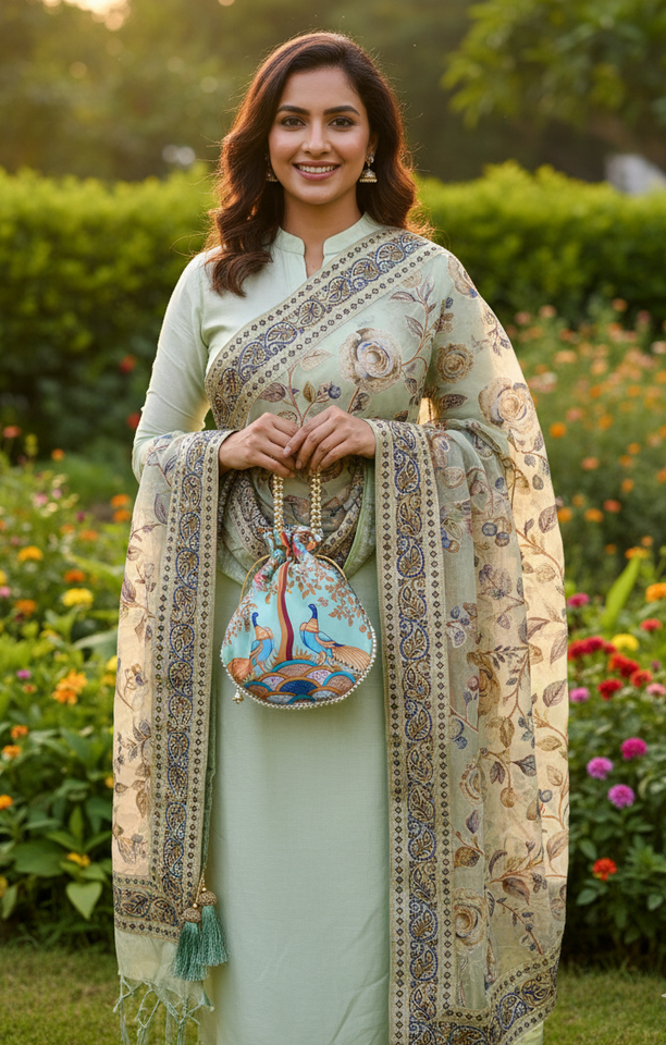 The Mint Melody Combo: Brasso Floral Dupatta with Gold Jacquard Border & Printed Peacock Potli