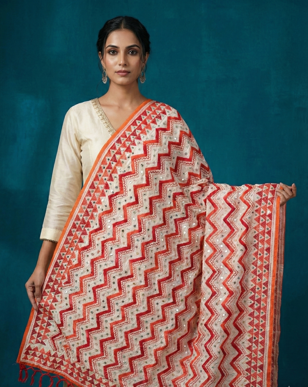 Red & White Chevron (Zigzag) Embroidered Dupatta with Mirror Work