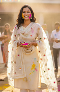 Festive Cream Dupatta with Golden Zari Lines & Handcrafted Pom-Pom Flowers