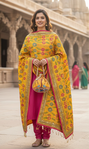 Traditional Yellow Celebration Dupatta with Colorful Floral Embroidery and Elegant Yellow Peacock Print Potli Bag with Pearl Handle