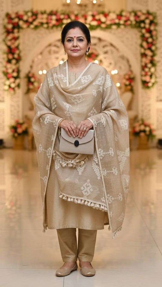 Handcrafted Beige Embroidered Dupatta with Coordinated Clutch Bag