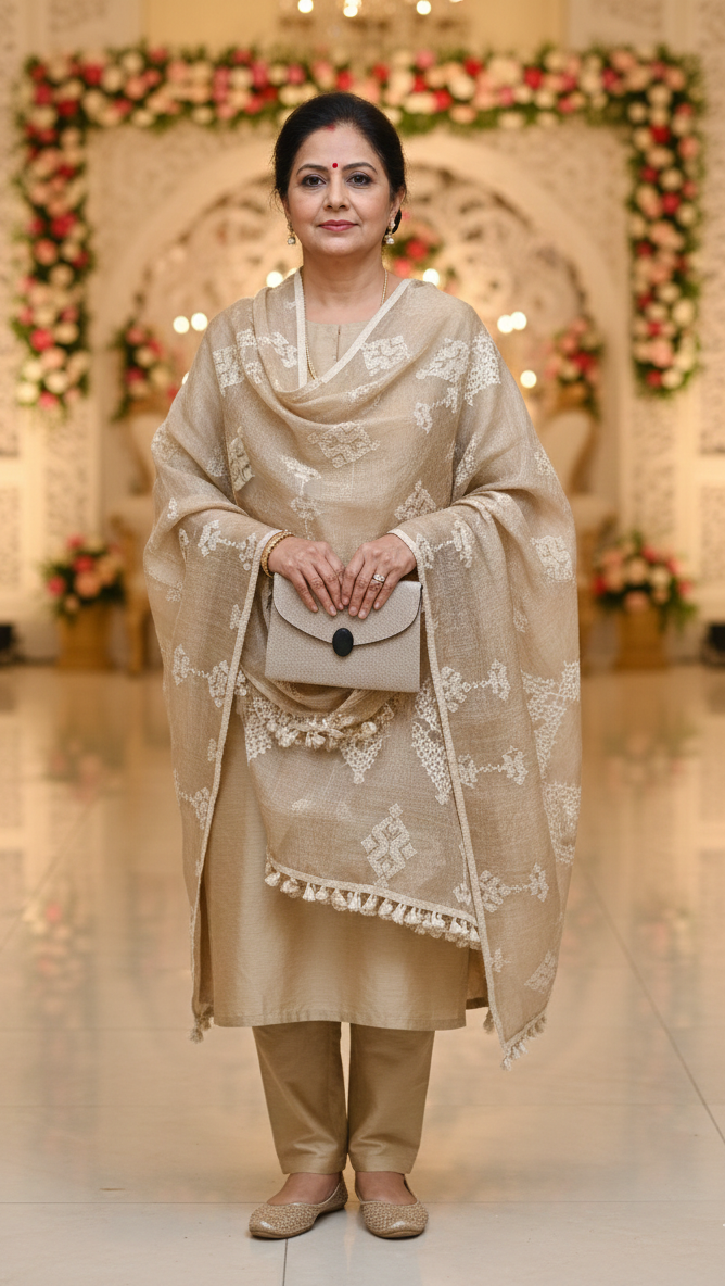 Handcrafted Beige Embroidered Dupatta with Coordinated Clutch Bag