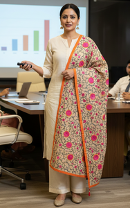 Handcrafted Beige Dupatta with 3D Pink Rosette & Multicolor Thread Embroidery