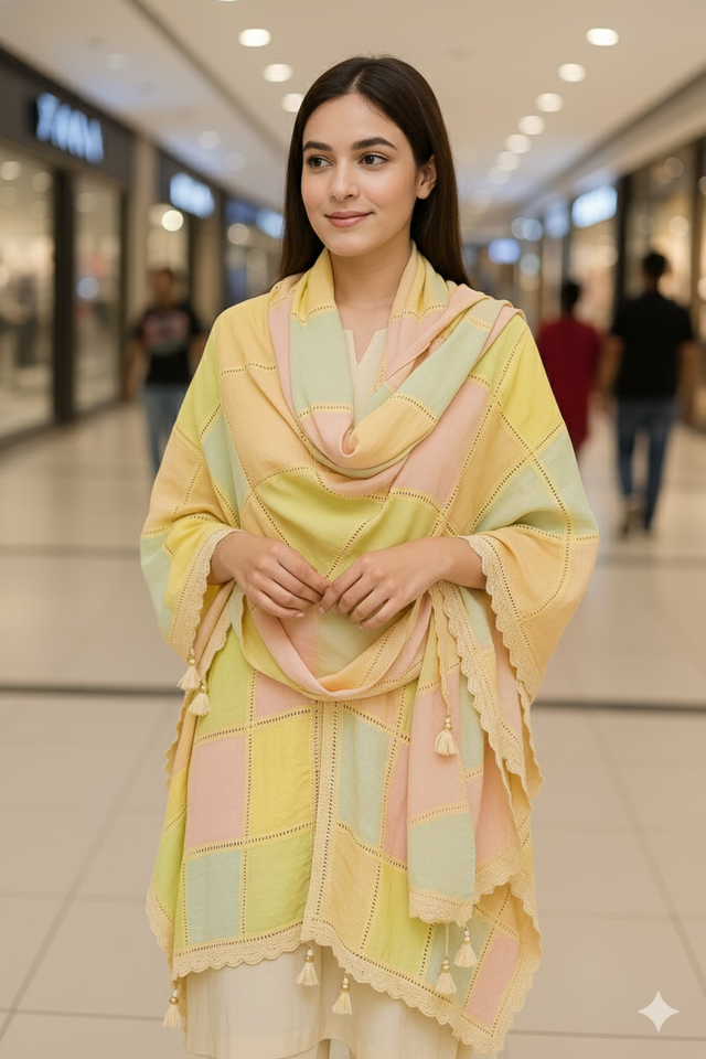 Soft Pastel Patch Dupatta with Lace Detailing – Cassata Collection