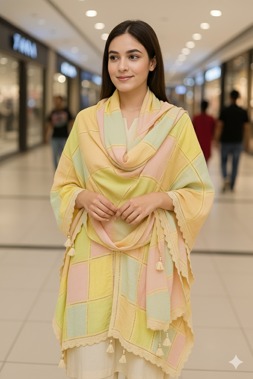 Soft Pastel Patch Dupatta with Lace Detailing – Cassata Collection