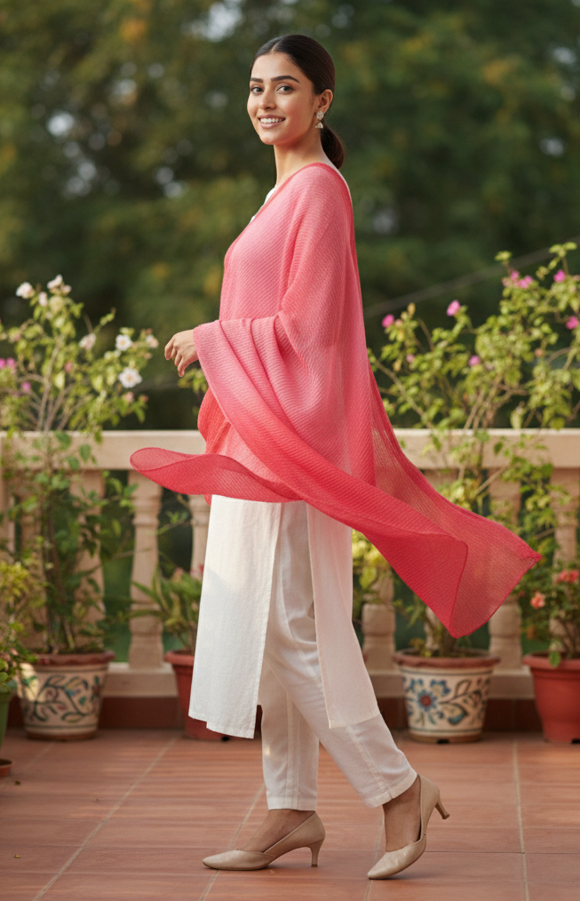 Red & Pink Ombre Crushed Georgette Dupatta (Dual Tone Pleated)