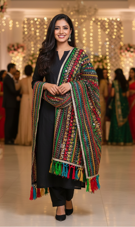 Traditional Multicolor Phulkari-Style Dupatta with Mirror Embellishments