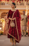 Maroon Semi-Organza Dupatta with Golden Sequin Embroidery & Lace Border