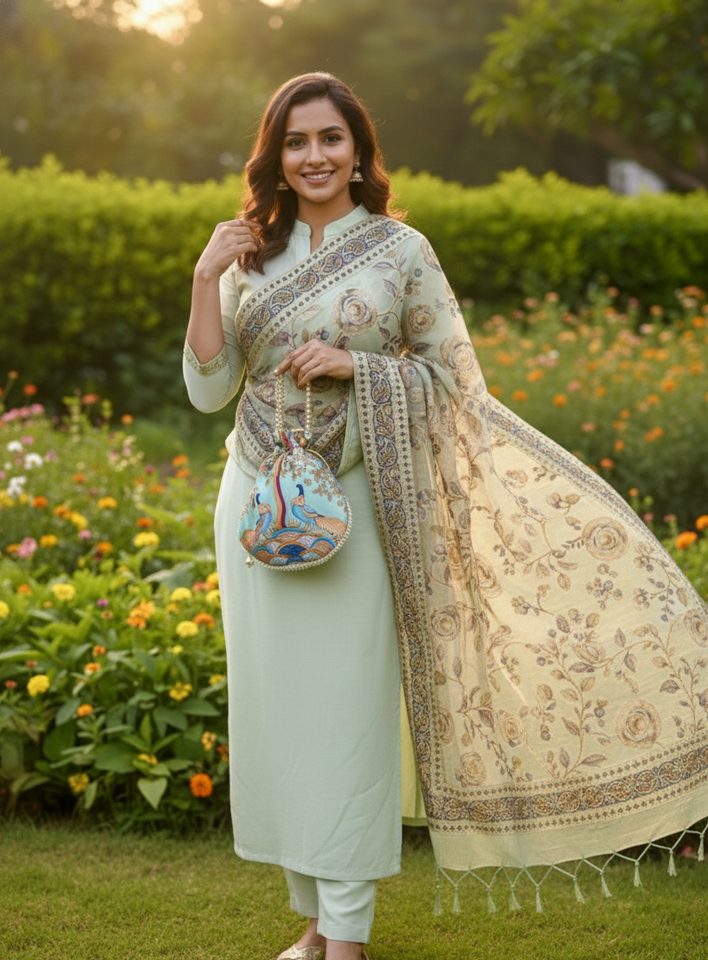 The Mint Melody Combo: Brasso Floral Dupatta with Gold Jacquard Border & Printed Peacock Potli