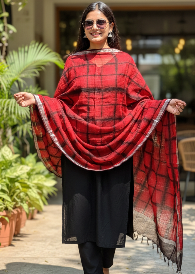 Red & Black Checkered Dupatta