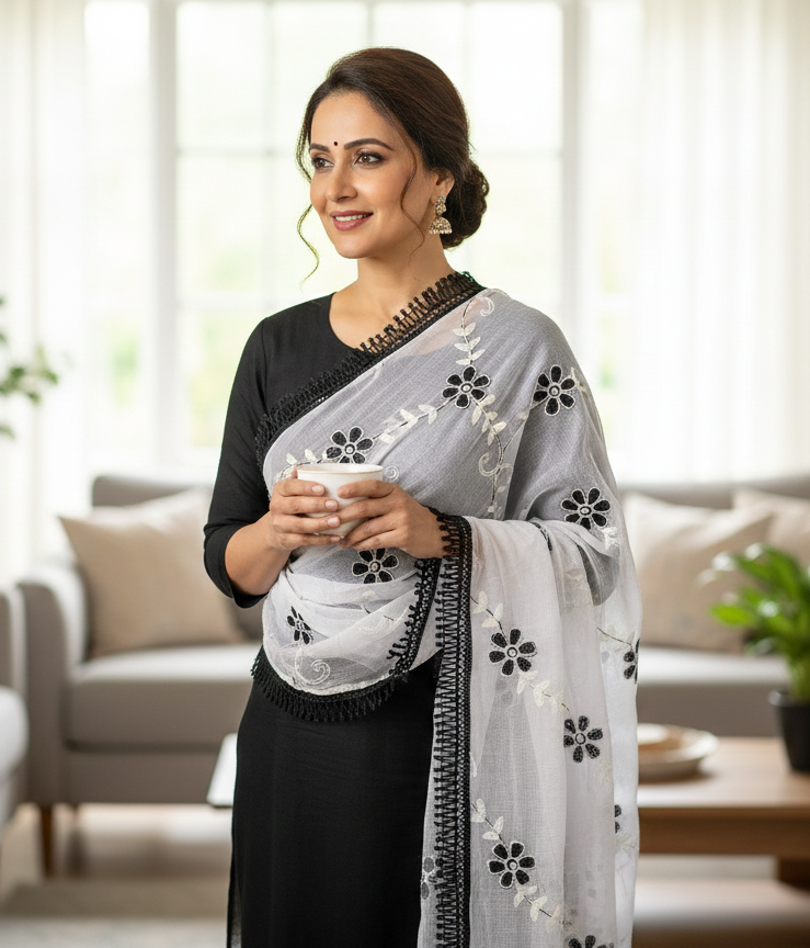 Black & White Floral Embroidered Georgette Dupatta with Tassel Border