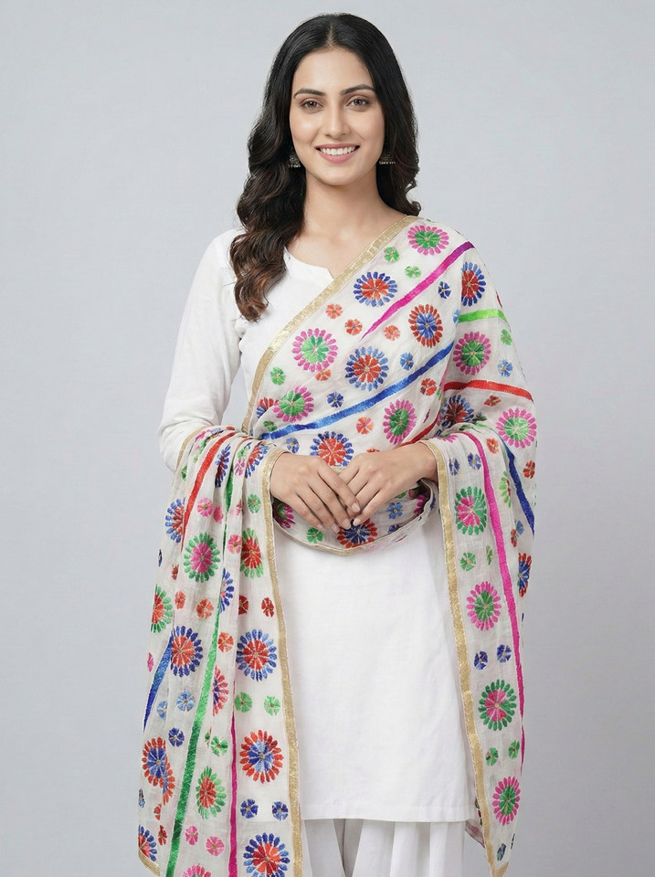 The 'Rang' Edit: Vibrant Floral Threadwork Dupatta with Gold Detailing