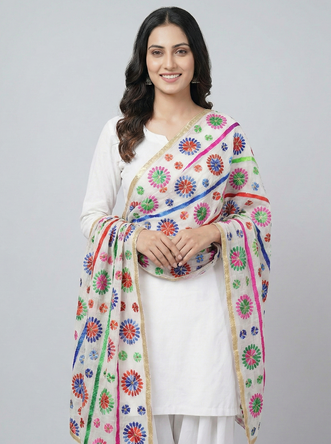 The 'Rang' Edit: Vibrant Floral Threadwork Dupatta with Gold Detailing