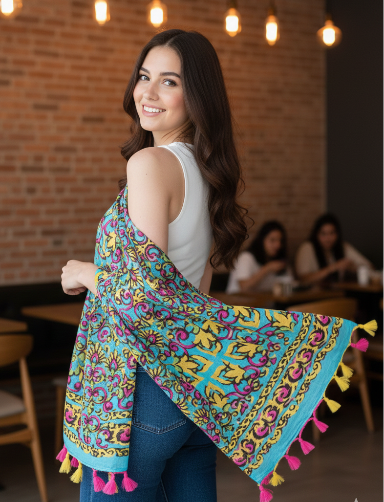 Turquoise Boho Pattern Scarf with Handmade Tassels