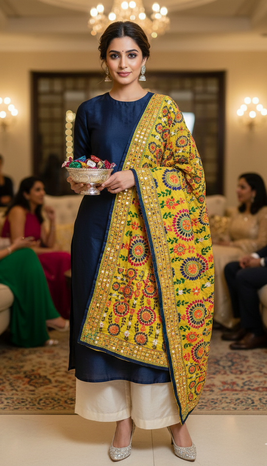 Yellow Heavy Embroidered Mirror Work Dupatta – Traditional Punjabi Style