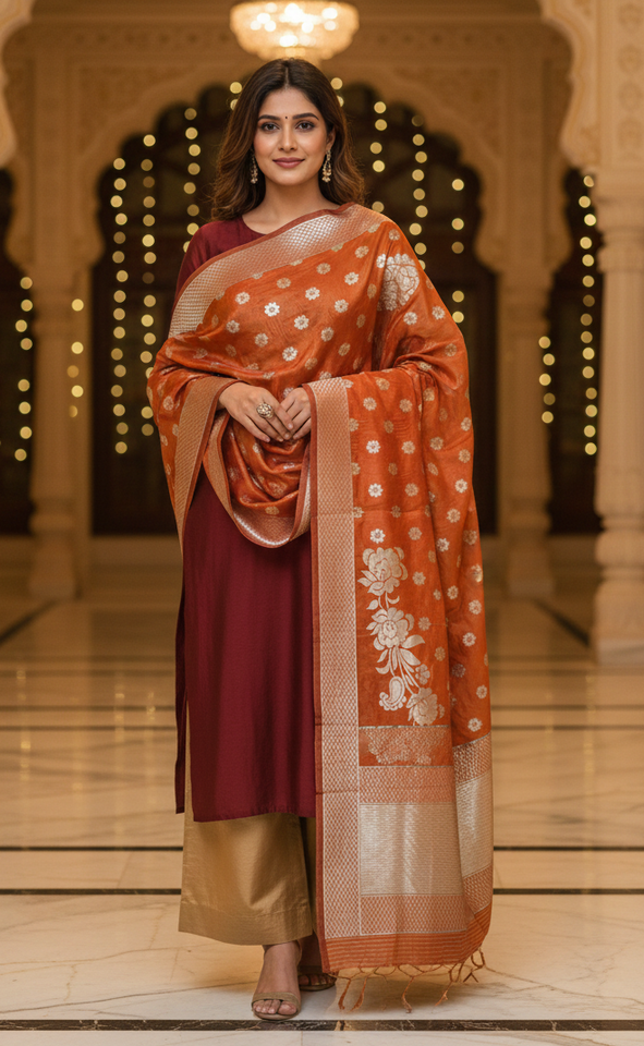 Rust Orange Banarasi Silk Dupatta with Antique Gold Buti & Floral Border