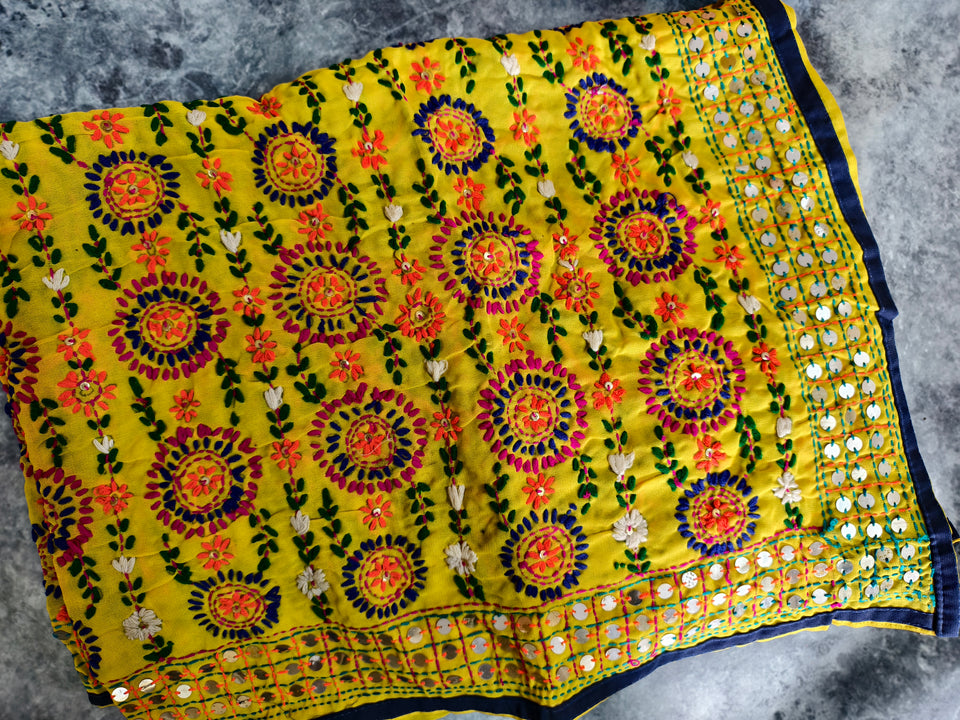 Yellow Heavy Embroidered Mirror Work Dupatta – Traditional Punjabi Style