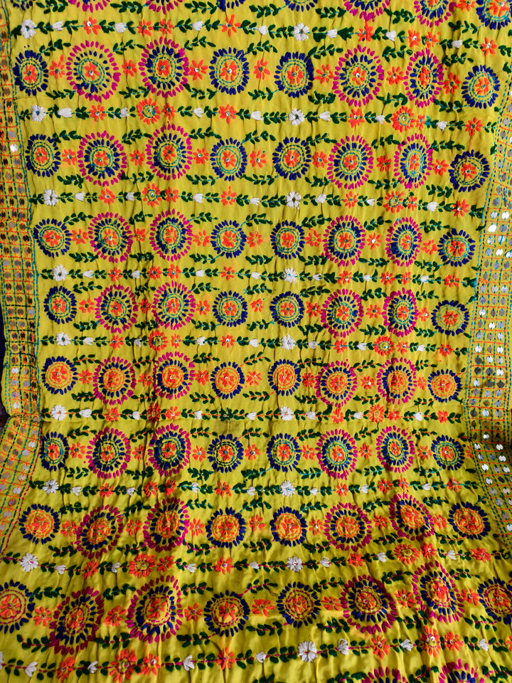Yellow Heavy Embroidered Mirror Work Dupatta – Traditional Punjabi Style