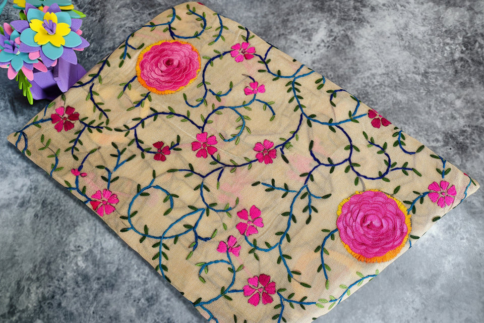 Handcrafted Beige Dupatta with 3D Pink Rosette & Multicolor Thread Embroidery