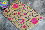 Handcrafted Beige Dupatta with 3D Pink Rosette & Multicolor Thread Embroidery