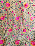 Handcrafted Beige Dupatta with 3D Pink Rosette & Multicolor Thread Embroidery