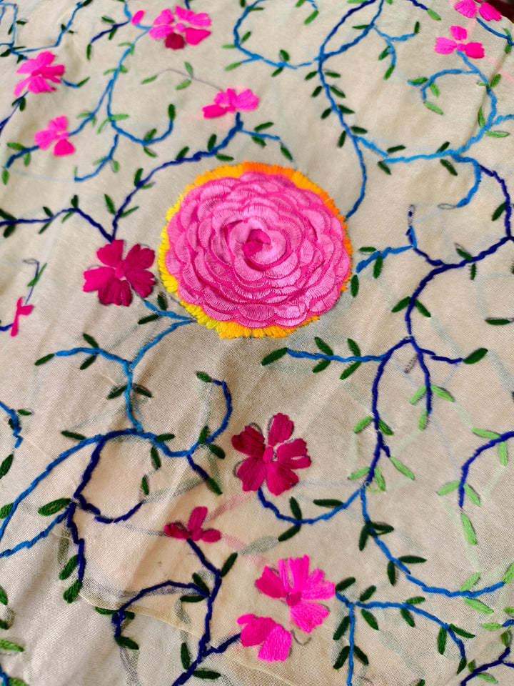Handcrafted Beige Dupatta with 3D Pink Rosette & Multicolor Thread Embroidery