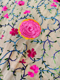Handcrafted Beige Dupatta with 3D Pink Rosette & Multicolor Thread Embroidery
