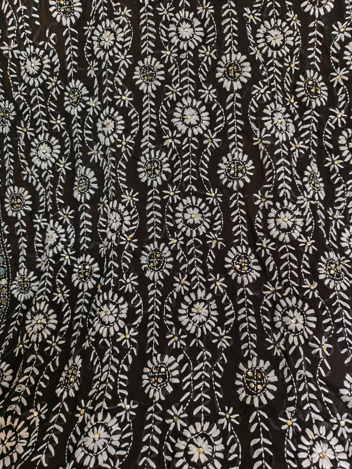 Black Georgette Dupatta with Dense White Thread Embroidery & Heavy Sequin Border