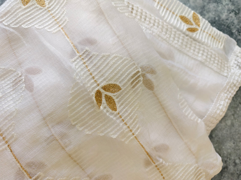 Off-White Kota Doria Dupatta with White Thread & Gold Zari Leaf Embroidery