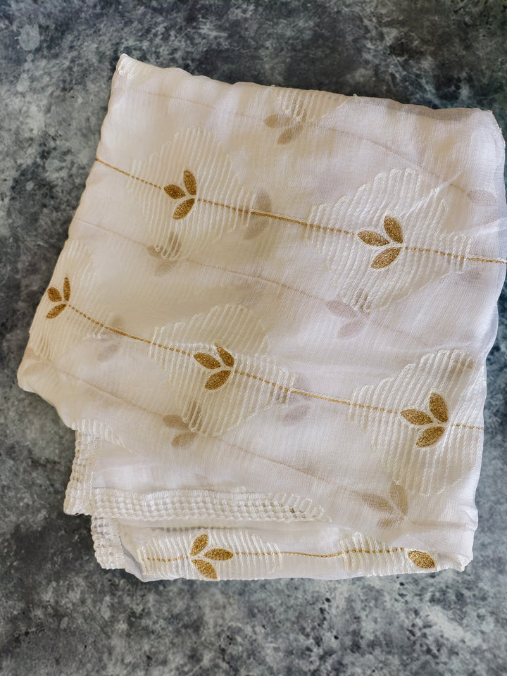 Off-White Kota Doria Dupatta with White Thread & Gold Zari Leaf Embroidery
