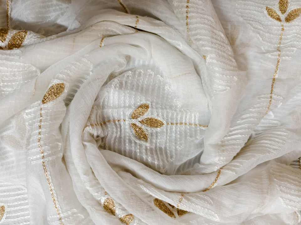 Off-White Kota Doria Dupatta with White Thread & Gold Zari Leaf Embroidery