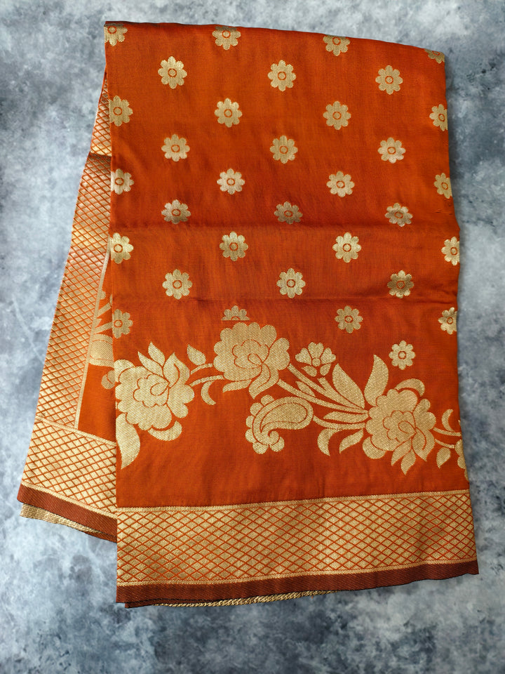 Rust Orange Banarasi Silk Dupatta with Antique Gold Buti & Floral Border