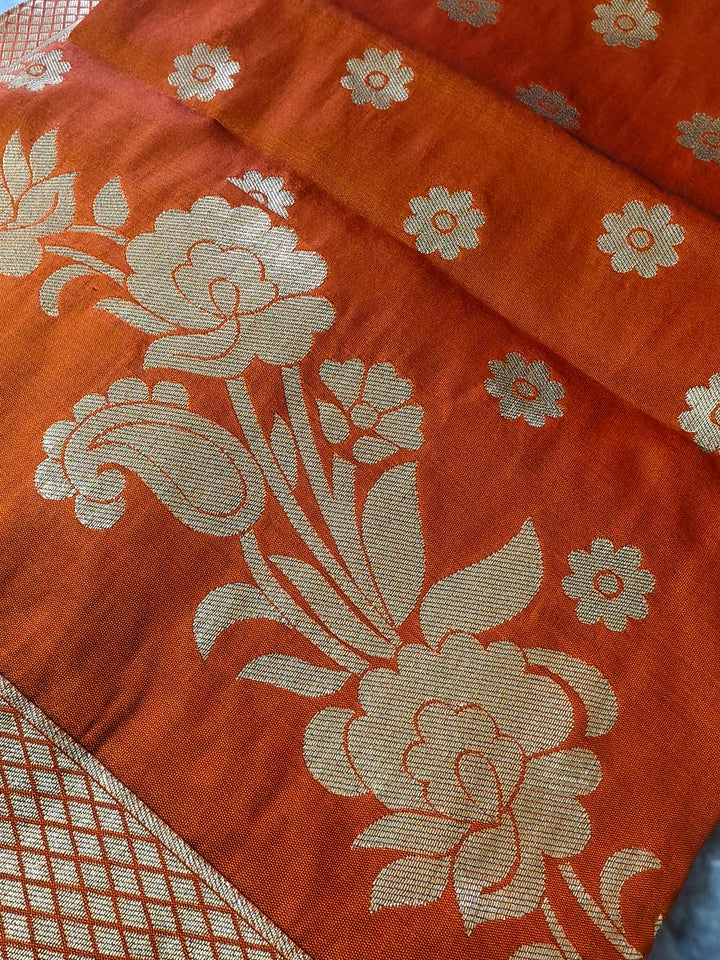 Rust Orange Banarasi Silk Dupatta with Antique Gold Buti & Floral Border