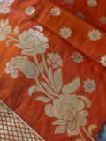Rust Orange Banarasi Silk Dupatta with Antique Gold Buti & Floral Border