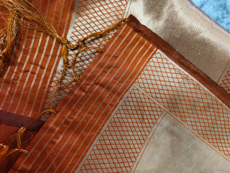 Rust Orange Banarasi Silk Dupatta with Antique Gold Buti & Floral Border