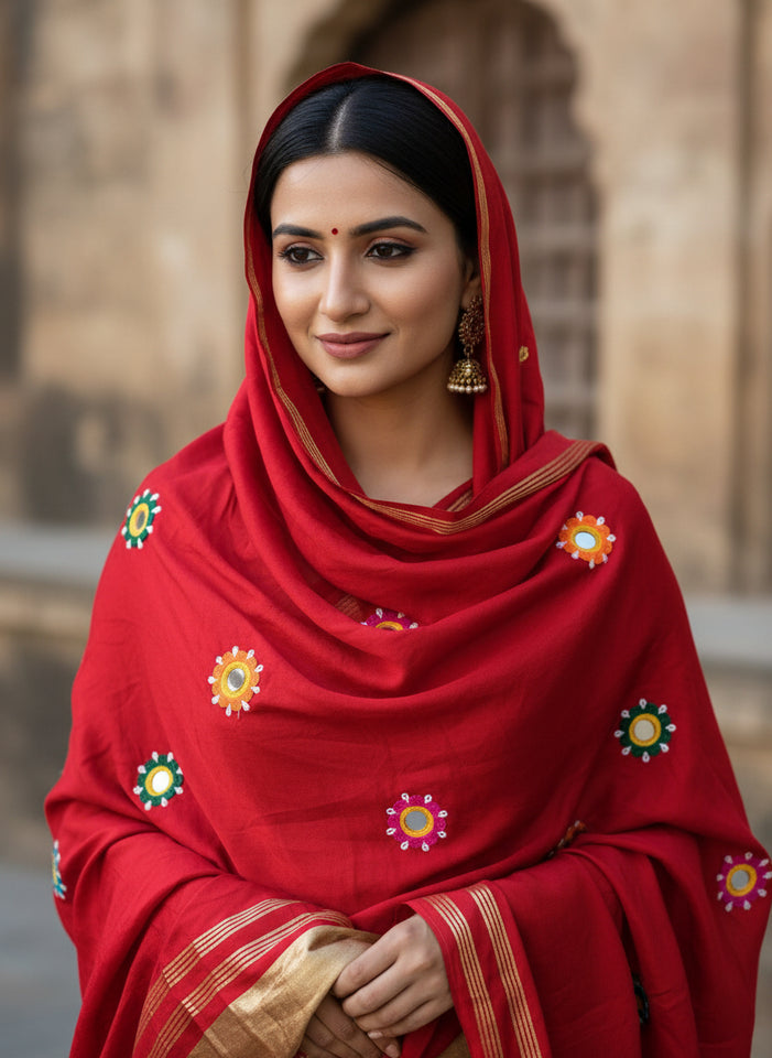 The 'Sindoor' Edit: Red Festive Dupatta with Folk Mirror Embroidery