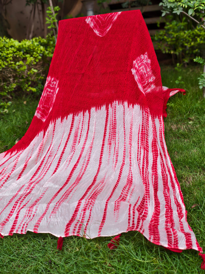 Handcrafted Red & Ivory Shibori Cotton Stole with Tassel Finish